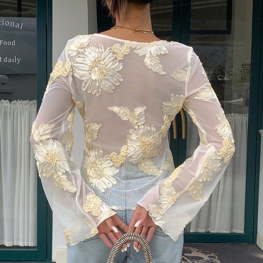Apricot Elegant Women's Floral Mesh Long Sleeve Blouse - Picture 2 of 6